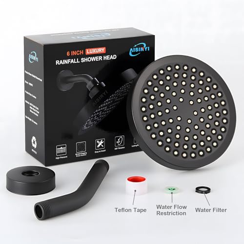 6" Rain Shower Head & 6" Shower Arm, Luxury Matte Black Finish - color: Matte Black, size: 6 Inch Round (1 PCS + Shower Arm)