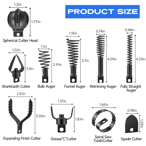 10-Piece Drain Snake Drill Attachment, Cutters Tackle Any Clog with Precision, Compatible with 50FT/75FT/100FT AC Drain Cleaning Machine,Suitable for 5/16-inch to 3/4-inch Drain Snake Cable