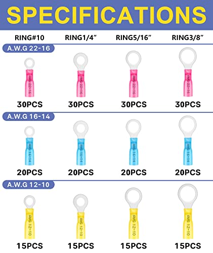 haisstronica 260PCS Heat Shrink Ring Terminals, 22-10 AWG, 3 Colors 4 Sizes - size: AWG 22-10