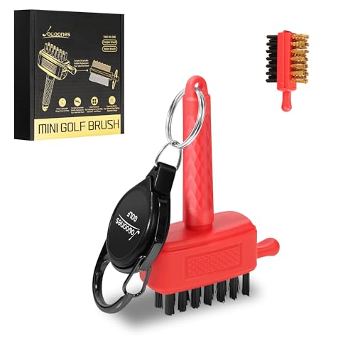 Red Mini Golf Brush, Dual-Sided Nylon Brass, Retractable Keychain - color: Red