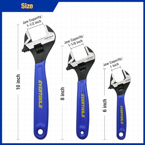 3-Piece Adjustable Wrench Set (6/8/10 Inch) - Heavy Duty Chrome Vanadium Steel, Non-Slip Ergonomic Grip, Black Oxide Finish - Ideal for Cars, Bikes, Plumbing & DIY