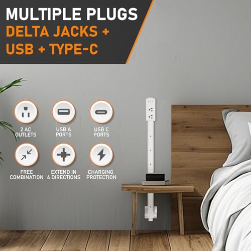 Outlet Extender Stick - Features 2 USB-A, USB-C and 2 AC Outlets, Adjustable Disassembly Extends 6"-35", 360° Access Hard-to-Reach Outlets, Wall Plug Power Socket Expander Nightstands, Sofa, Desks - color: Starlight White 2 Pack