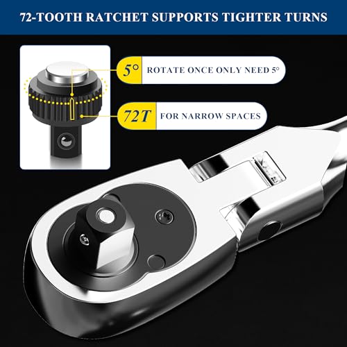 PRIDE&CRAFT 4-Piece Flex Head Ratchet Set, 1/4", 3/8", 1/2" Drive, 3/8" Stubby, 72-Tooth, Socket Wrench Quick Release Reversible Design, Swivel Head Ratchet, Chrome Alloy Made, EVA Organizer - style: 4pc Flex Head