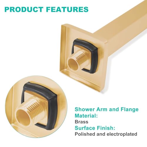 Enga Brass 12 Inch Ceiling Mount Shower Arm and Flange, Square Rain Shower Head Arm, Brushed Gold - color: Brushed Gold, style: 12 Inch
