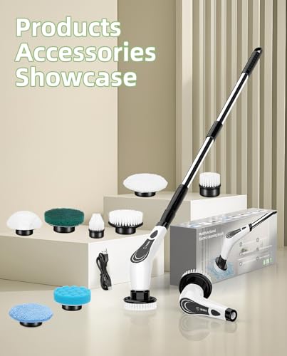 8-Head Cordless Electric Spin Scrubber, Adjustable Handle, White - size: 8heads