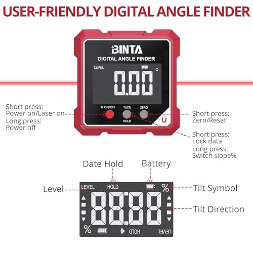 BINTA Digital Angle Finder with Laser, 4-side Magnetic Digital Angle Gauge