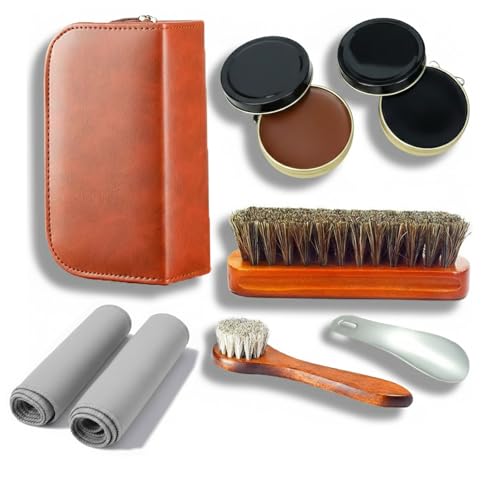 shoe care kit horsehair brush,long-handled round brush,white & black polish,polishing cloth,shoe horn,storage box. - color: Browm+black