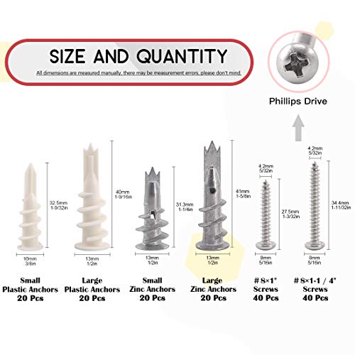 Hilitchi 160-Pieces Large/Small Zinc Plastic Self Drilling Drywall Hollow-Wall Anchor Assortment Kit