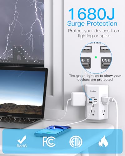 One Beat Surge Protector Wall Outlet Extender,3-Sided Outlet Splitter 1680J - color: White, size: 15.5w,1pcs