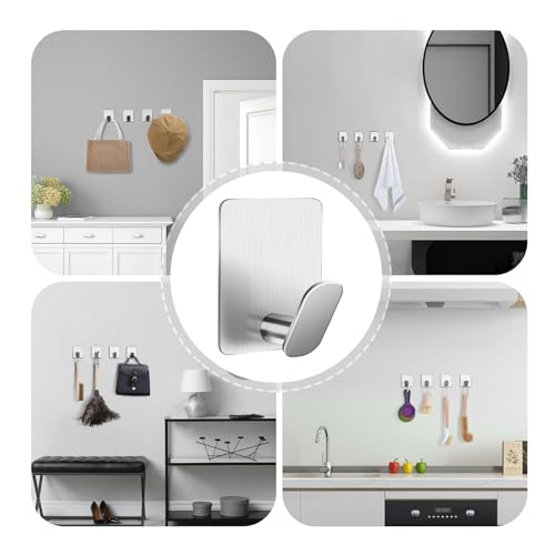 DELITON Towel Hooks for Bathrooms - 8 Pack Adhesive Wall Hooks for Hanging Robe Coat Stick on Hook No Damage SUS 304 Stainless Steel, Silver - color: Silver-8