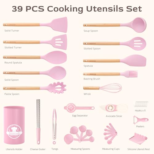 Astercook Kitchen Utensils set, 39 PCS Silicone Cooking Utensils Set with Wooden Handle, 446°F Heat Resistant Food Grade Utensil Sets, BPA Free Kitchen Gadgets Tools Set for Nonstick Cookware (Pink) - color: Pink