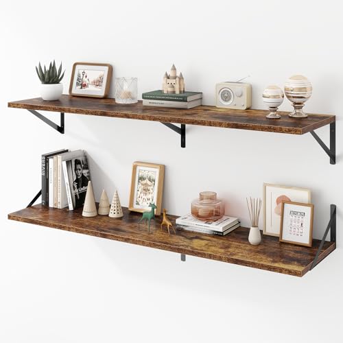 Acovy Deep Floating Shelves Wall Mounted, 48"x12" Brown Wood Shelves with Brackets Set of 2 for Bedroom, Living Room, Bathroom, Kitchen, Office - Storage & Display Shelf for Decor, Books, Plants - color: Rustic Brown, size: 48"Wx12"D-2pcs