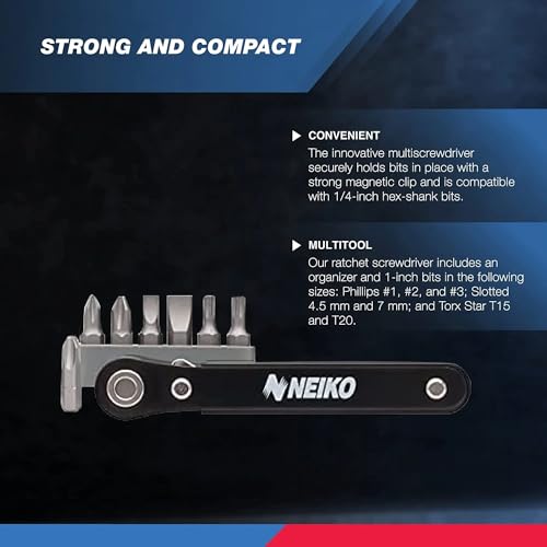 NEIKO 03044A 1/4-Inch Drive Mini Ratchet Screwdriver Set, 8 Pc, Cr-V Steel, Tight Reach, 90 Degree Screwdriver, Low Profile, Close Quarter, Right Angle Offset, Short Phillips, Slotted, Torx Star - size: Mini Ratchet