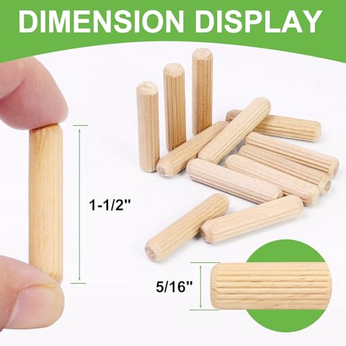 5/16" x 1-1/2" Wooden Dowel Pins, FoDau770 Fluted Wood Dowel Rods, Natural Beech Wood Dowel Pegs for Crafts, Woodworking, DIY Furniture - 200 Pieces - size: 5/16" x 1-1/2"