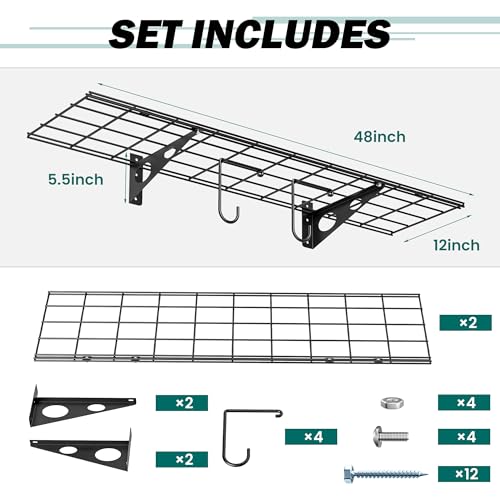 EVERHANGER Garage Wall Shelves, 12 X 48 Inch Wall Mounted Storage Shelves - color: Black, size: 48X 12inch