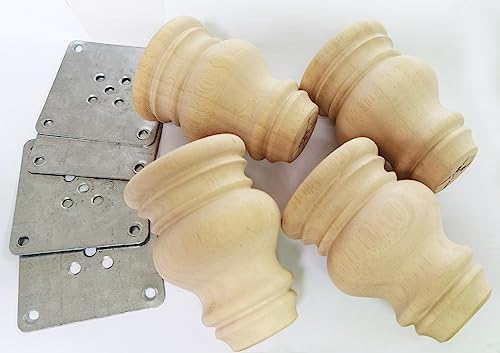 Wooden Furniture Legs, Solid Wood Unpainted Replacement Furniture Legs, Kitchen Dining Table Legs/Desk/Sofa/Bookcase Bun Feet, DIY Wooden Round legs with Mounting Plate & Screws Set of 4 (4 Inch) - size: 4 Inch
