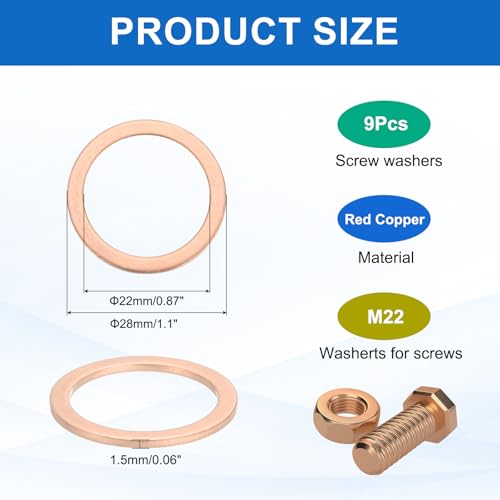 MECCANIXITY 9Pcs Flat Washer, M22 Copper Washers Copper Sealing Ring Crush Washer Kit Assortment, 22mm ID, 28mm OD, 1.5mm Thick for Bolts Screws Machinery Repair - size: 22mmx28mmx1.5mm