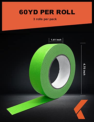 KREFINISH Painters Tape for Cars - Green, No Residue, Automotive Masking Tape - Heat Resistant for Paint Booth, 1.4 Inches x 60 Yards, 3 Rolls - size: 1.41in-3rolls
