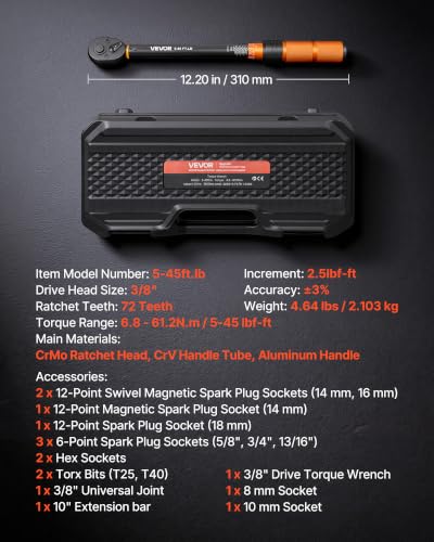 VEVOR Torque Wrench 3/8-inch Drive Click Torque Wrench Dual Scale Readings, 5-45 lbf-ft / 6.8-61.2 N.m, ±3% High Precision, with Spark Plug Sockets, Bits, Universal Joint, Extension Bar, Storage Case - size: 3/8" 14 PCS