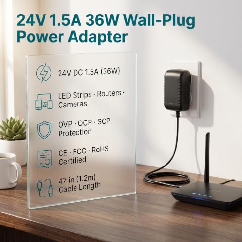24V 1.5A Power Supply Cord 36W AC DC Adapter,100V-240V AC to DC with 5.5mm * 2.1mm Plug, Suitable for LED Light Strips, Safety Closed-Circuit Monitoring, Routers.