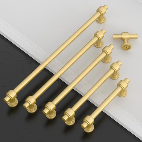 Amerdeco 10 Pack Brushed Gold Cabinet Pulls 5 Inch(128mm) Hole Center Drawer Pulls Cabinet Hardware Kitchen Cabinet Handles for Bathroom Dresser Pulls ZH0069 - color: Brushed Gold, size: 5" Hole Center