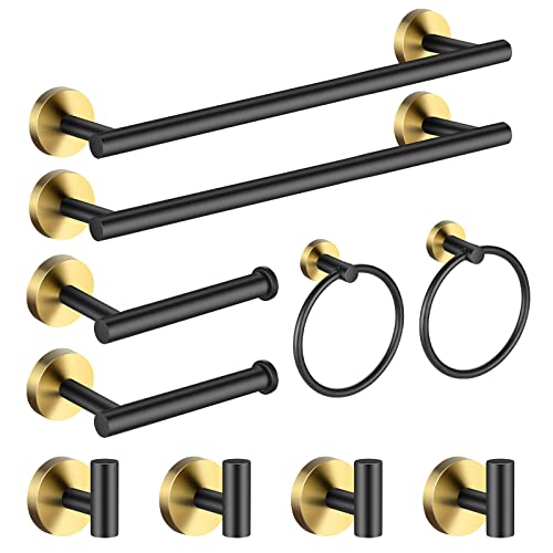 Bathroom Hardware Set Black and Gold，Towel Bar Set Including 2pcs 16inch Towel Bars, 2pcs Toilet Paper Holders, 2pcs Towel Rings and 4pcs Robe Towel Hooks - color: Black Gold-10pcs-16inch