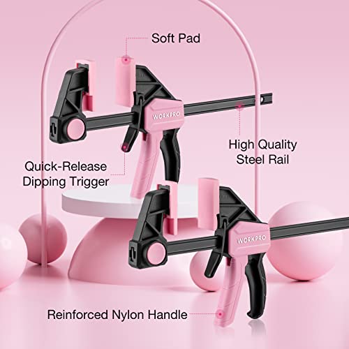 WORKPRO 6-Pack Bar Clamp Set, 6" (4) & 12" (2) Wood Clamps, Pink Ribbon - color: Pink, size: 6-Pack 6" and 12" Bar Clamps