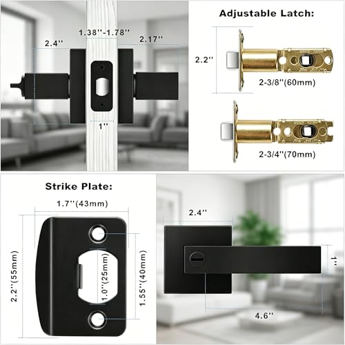 Privacy Door Lever, 10 Pack Matte Black Door Handle, Keyless Interior Door Knob with Lock for Bedroom Bathroom, Heavy Duty Square Door Lock, Reversible for Left Right Handled Doors