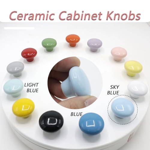 10-Pack Ceramic Cabinet Knobs Sky Blue 32mm Round Drawer Pull - color: Sky Blue