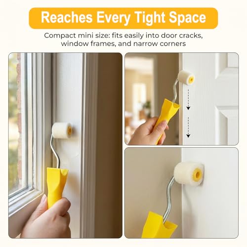 0.98 Inch 8 Pack Mini Paint Rollers with 2 Handles, Small Roller Paint Brush, Reusable Corner Touch-Up Tools for Trim, Edges, Window Frames, Cabinets & Home DIY Projects