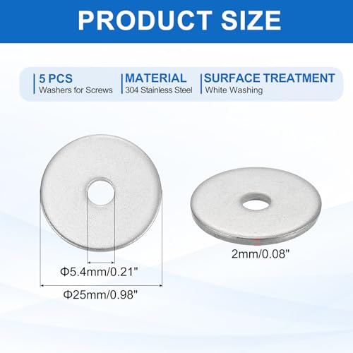 MECCANIXITY 5 Pcs M5 Stainless Steel Flat Washers Round Assortment Parts Spacers Assorted for Screws, Bolts, Plumbing, Automotive, Electrical 5.4mm ID 25mm OD 2mm Thick - size: M5, 5.4mm ID 25mm OD 2mm Thick