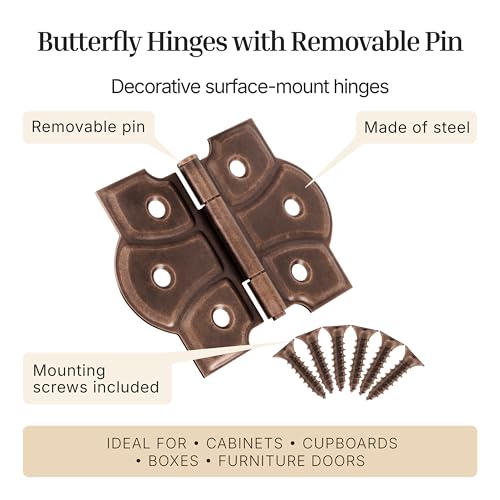 Antique Copper Butterfly Hinges with Removable Pin - Pack of 2 - Surface Mount Cabinet Door Hinges - UA-261-HAC (1) - color: Antique Copper