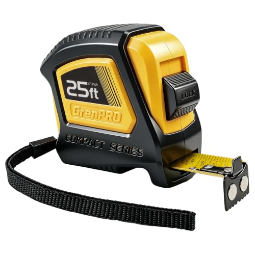 GRENPRO 25FT Magnetic Tape Measure, Double-Sided 1/32", Nylon Coated Blade - color: Yellow