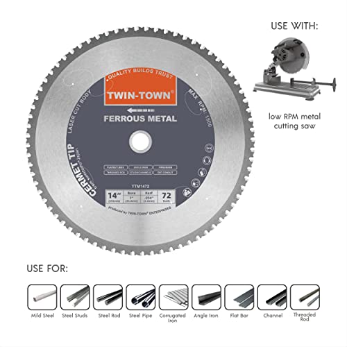 TWIN-TOWN 14-Inch 72 Teeth Dry Cut Steel and Ferrous Metal Cermet Saw Blade with 1-Inch Arbor - size: 14" 72T medium steel