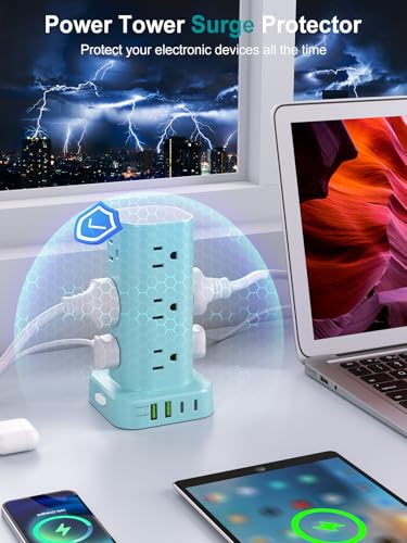 6FT Power Strip Tower Surge Protector, 12 Wide Spaced Outlets, 4 USB - color: Blue, size: 6FT without Wireless Charging