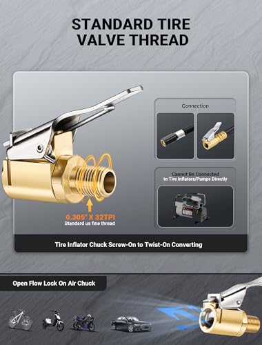 Brass Locking Tire Air Chuck, Tire Inflator Hose Adapter for Twist On Connection Convert to Lock On, No Air Leakage Air Compressor Pump Clip On Tire Chucks, Tire Nozzle with Tire Valve Thread - size: Thread Connector 1pcs