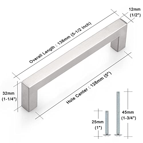 Probrico (10 Pack) 5 inch Holes Centers Square Kitchen Cabinet Handles Stainless Steel Cabinet Drawer Handles Brushed Nickel Euro Bar Pulls 5-1/2 inch Total Length - color: Brushed Nickel, size: hole center 5"