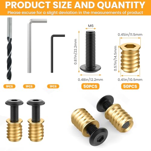 50 Sets 1/4-20 x 19/32" Threaded Insert and Bolt for Wood - size: 1/4-20 x 19/32", 50 Sets