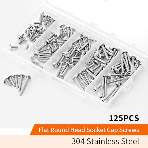 M3 x 8mm 12mm 16mm 20mm 25mm Flat Round Head Hex Socket Cap Screws Bolts, Furniture Screws, 304 Stainless Steel, Metric Fully Threaded, Allen Hex Drive, Bright Finish, Assortment Kit 125PCS - size: M3 x 8/12/16/20/25mm (125PCS)