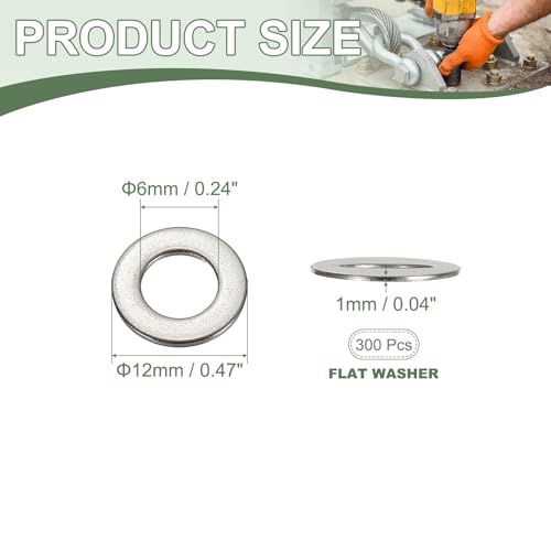 Flat Washers, 304 Stainless Steel Hardware Assorted Washer, 12 x 6 x 1 mm Fit for Bolts Screws Industrial Use (300 Pack, Silver) - size: 12 x 6 x 1 mm