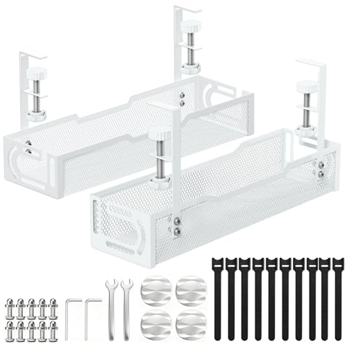 2Pack Under Desk Cable Management Tray, No Drill Mesh Desk Cable Tray - color: 2Pack-White (15.3''+15.7'')