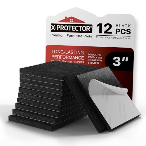 X-PROTECTOR Felt Furniture Pads - 12 PCS 3" - Felt Pads Floor Protectors - size: 3" 12 Black, Square