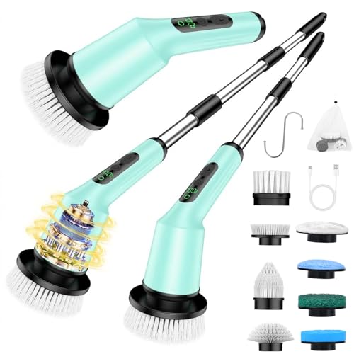 Electric Spin Scrubber for Bathroom, Shower Scrubber with Long Handle - color: Mint Green, size: 8 Brush Heads