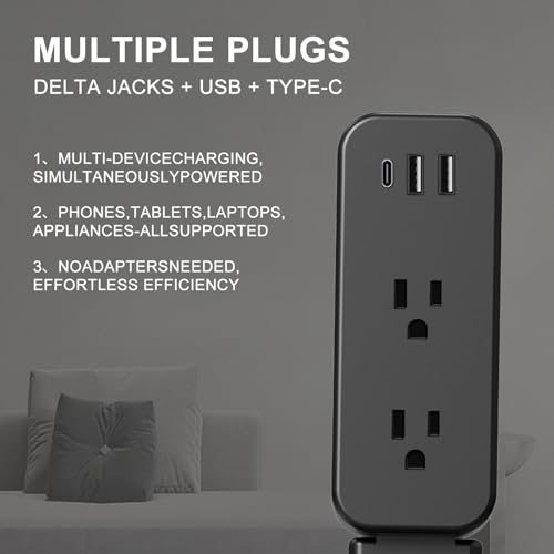 Electrical Outlet Extender Stick - Features USB-A, USB-C and 2 AC Outlets, Extends 22"-34", Rotates 180° Access Hard-to-Reach Outlets, Wall Plug Power Socket Expander Nightstands, Sofa, Desks and More - color: Black