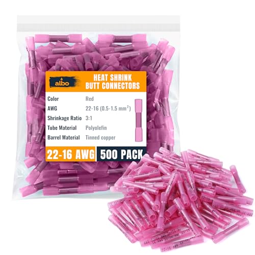 ALBO Heat Shrink Crimp Connectors (Butt 500Pcs Red 22-16 AWG) - color: Butt 500Pcs Red 22-16 AWG