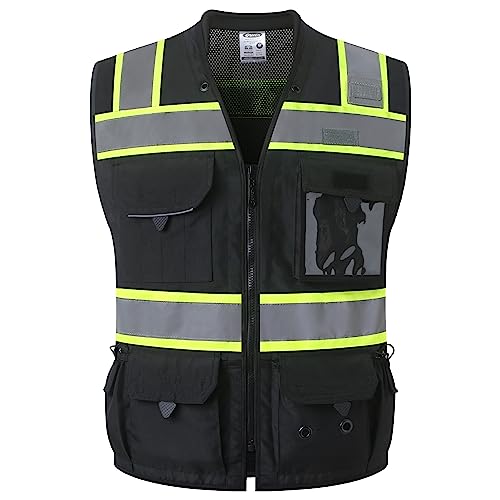 JKSafety Hi-Vis Unisex Surveyor Safety Vest Heavy Duty PPE Inner Pockets ANSI/ISEA Compliant - color: 188-black, size: Large