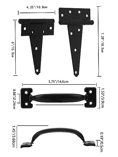 HOME MASTER HARDWARE Wood Gate Hardware Set- Heavy Duty 6" Gate Tee Hinge,Pull Set Gate Hardware Kit with Screws for Outdoor Fence Swing Gate Black Finish | 2 Pack T Strap Hinges, Self Locking Gate Latch, Pull Door Handle, Included Screws, Black, HOME MAS