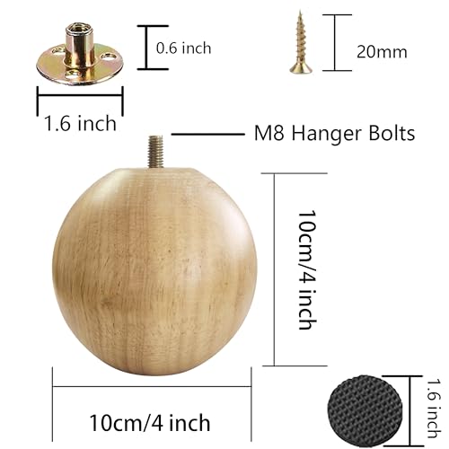 Solid Wood Sofa Replacment Parts 4 Inch Round Ball Shape Furniture Legs for Sofa Couch Ottoman Loveseat Cabinet Legs Furniture Feet Set of 4 (Natural) - color: Natural