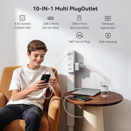 Outlet Extender Stick, 360° Rotating Wall Outlet Expander with 22-35" Extendable Base, 10-in-1 Power Strip Stick with 6 AC Outlets, 4 USB Ports (2 USB-C), Flat Plug for Behind Couch, Home, Office