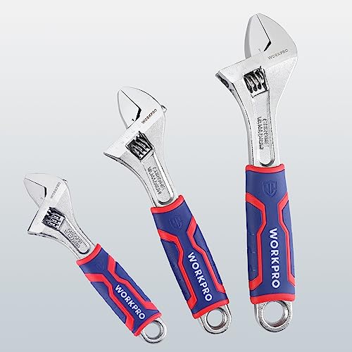 WORKPRO 3-Piece Adjustable Wrench Set, 6-inch, 8-inch, 10-inch | Cr-V Wide Jaw Wrench, Rubber Anti-Slip Grip, Metric/SAE Scales, Chrome Plated - size: 6, 8, 10 inch set